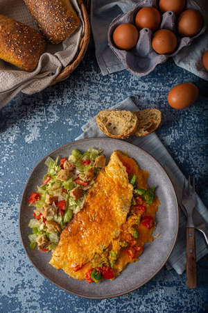 Delicious omelette from organic eggs with peppers and cheddarの写真素材