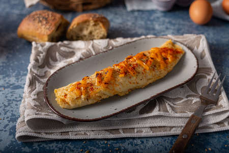 Delicious omelette from organic eggs with chilli and cheddarの写真素材