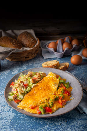 Delicious omelette from organic eggs with peppers and cheddarの写真素材