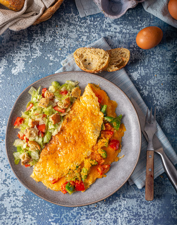 Delicious omelette from organic eggs with peppers and cheddarの写真素材