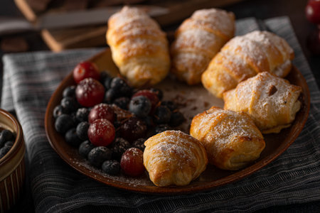 Chocolate filled pastry with berries, all homemadeの写真素材