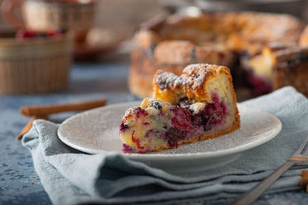 Delicious pie with fresh berries and lemonの写真素材