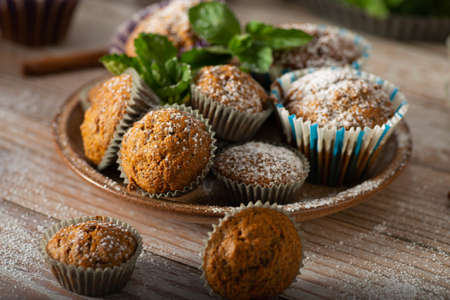 Delicious cinnamon muffins, homemade food photography rusticの写真素材