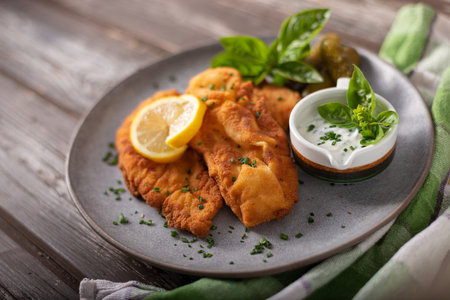 Delicious and simple schnitzel with french fries and garlic sauceの写真素材