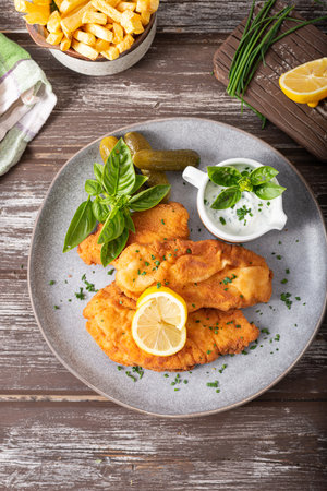 Delicious and simple schnitzel with french fries and garlic sauceの写真素材