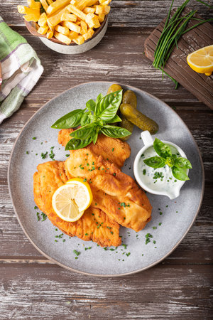 Delicious and simple schnitzel with french fries and garlic sauceの写真素材