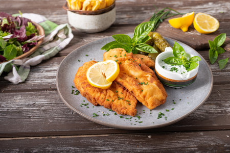 Delicious and simple schnitzel with french fries and garlic sauceの写真素材