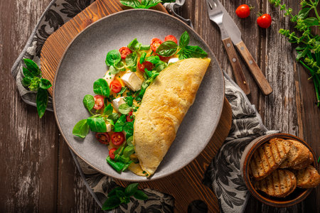 Delicious organic eggs omelette with vegetables and cheeseの写真素材