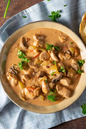Tikka masala with herbs and homemade naan breadの写真素材