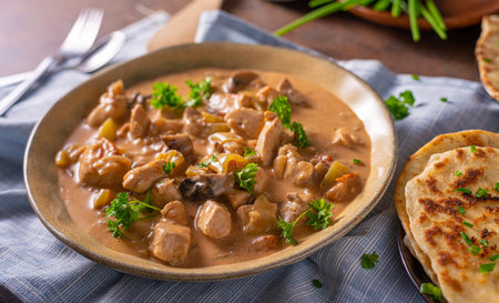 Tikka masala with herbs and homemade naan breadの写真素材
