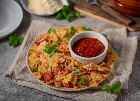 Delicious and simple pasta with marinara sauce, full of garlic and spicesの写真素材