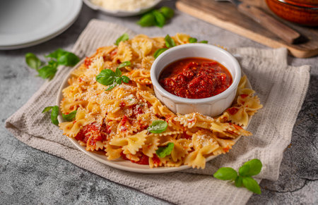 Delicious and simple pasta with marinara sauce, full of garlic and spicesの写真素材