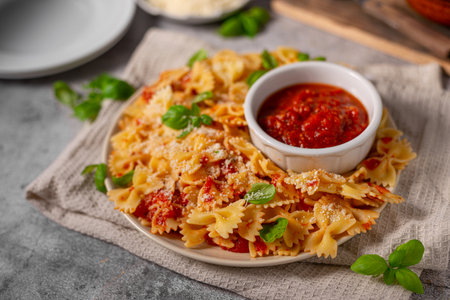 Delicious and simple pasta with marinara sauce, full of garlic and spicesの写真素材
