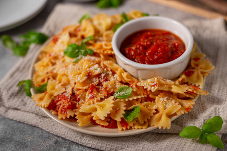 Delicious and simple pasta with marinara sauce, full of garlic and spicesの写真素材