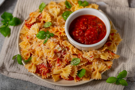 Delicious and simple pasta with marinara sauce, full of garlic and spicesの写真素材