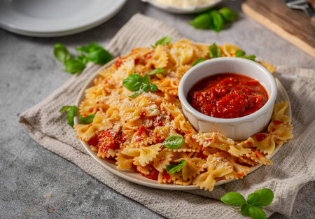 Delicious and simple pasta with marinara sauce, full of garlic and spicesの写真素材