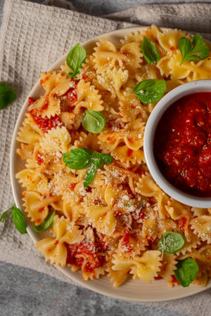 Delicious and simple pasta with marinara sauce, full of garlic and spicesの写真素材