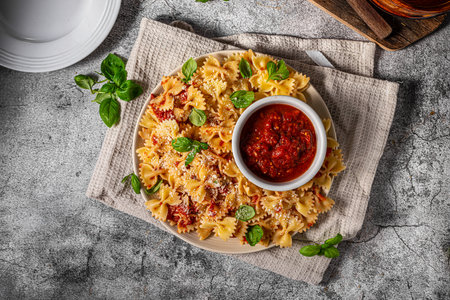 Delicious and simple pasta with marinara sauce, full of garlic and spicesの写真素材