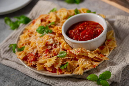 Delicious and simple pasta with marinara sauce, full of garlic and spicesの写真素材