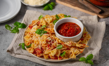 Delicious and simple pasta with marinara sauce, full of garlic and spicesの写真素材
