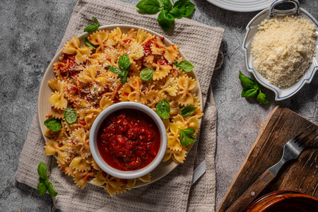 Delicious and simple pasta with marinara sauce, full of garlic and spicesの写真素材