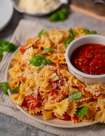Delicious and simple pasta with marinara sauce, full of garlic and spicesの写真素材