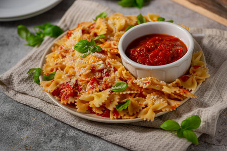 Delicious and simple pasta with marinara sauce, full of garlic and spicesの写真素材