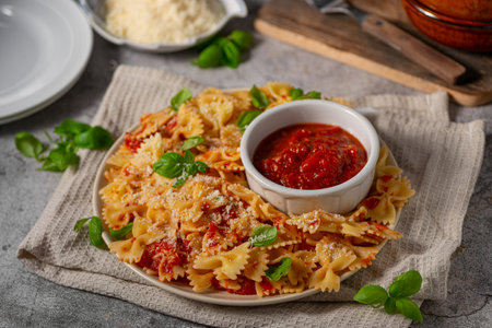 Delicious and simple pasta with marinara sauce, full of garlic and spicesの写真素材