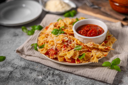 Delicious and simple pasta with marinara sauce, full of garlic and spicesの写真素材