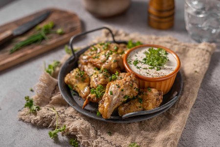 Delicious chicken wings with parmesan mayo and garlic dippingの写真素材