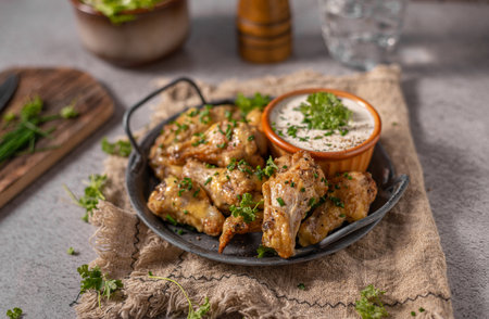 Delicious chicken wings with parmesan mayo and garlic dippingの写真素材