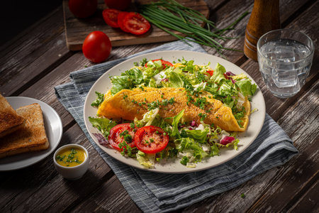 Delicious eggs omelette with salad and vegetablesの写真素材