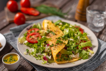 Delicious eggs omelette with salad and vegetablesの写真素材