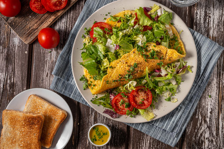 Delicious eggs omelette with salad and vegetablesの写真素材