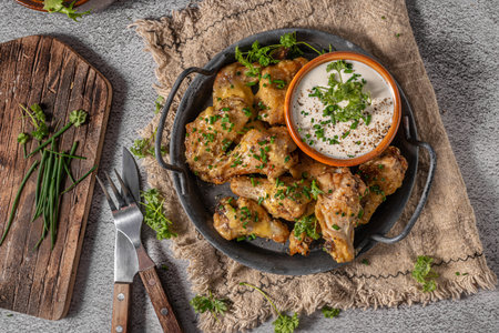 Delicious chicken wings with parmesan mayo and garlic dippingの写真素材