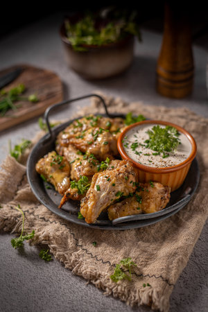 Delicious chicken wings with parmesan mayo and garlic dippingの写真素材