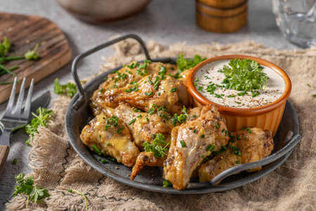 Delicious chicken wings with parmesan mayo and garlic dippingの写真素材