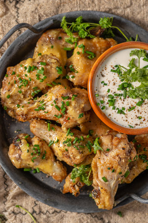 Delicious chicken wings with parmesan mayo and garlic dippingの写真素材