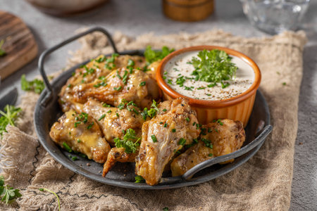 Delicious chicken wings with parmesan mayo and garlic dippingの写真素材