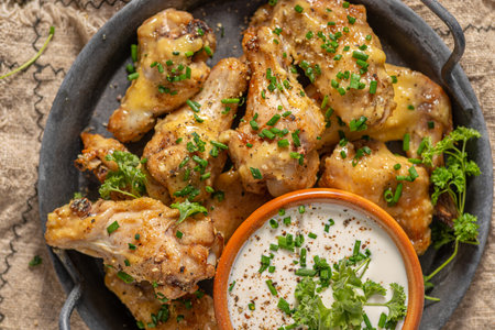 Delicious chicken wings with parmesan mayo and garlic dippingの写真素材