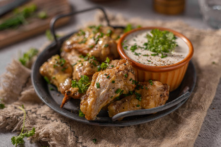 Delicious chicken wings with parmesan mayo and garlic dippingの写真素材