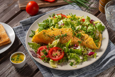 Delicious eggs omelette with salad and vegetablesの写真素材