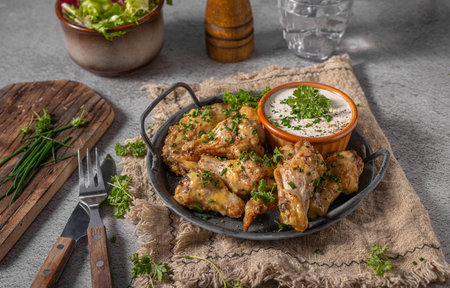 Delicious chicken wings with parmesan mayo and garlic dippingの写真素材