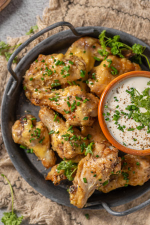 Delicious chicken wings with parmesan mayo and garlic dippingの写真素材