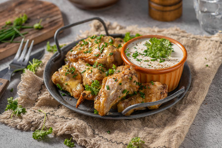 Delicious chicken wings with parmesan mayo and garlic dippingの写真素材