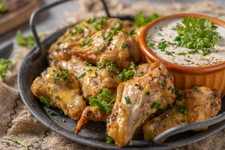 Delicious chicken wings with parmesan mayo and garlic dippingの写真素材