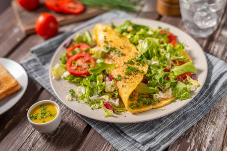 Delicious eggs omelette with salad and vegetablesの写真素材