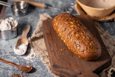Delicious wholegrain bread with seeds and organic flourの写真素材