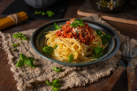 Delicious pasta with basil, parmesan cheese and bolognese sauceの写真素材