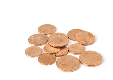 New British one pence and two pence copper coins isolated on white